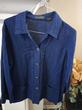 Women's Navy Button-Front Linen Blend Jacket 3/4 Sleeves Sz.L